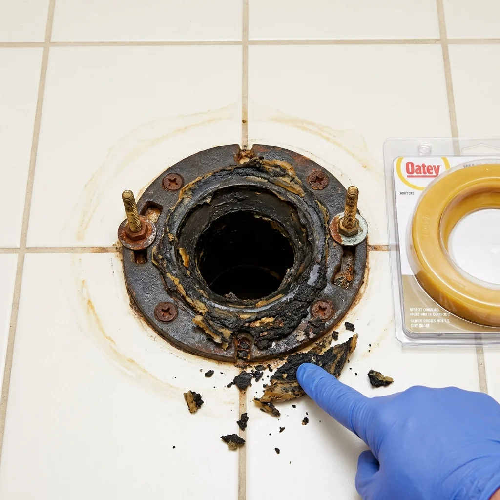 Failed wax ring showing water seepage at the base of a toilet in a Clinton, MD home