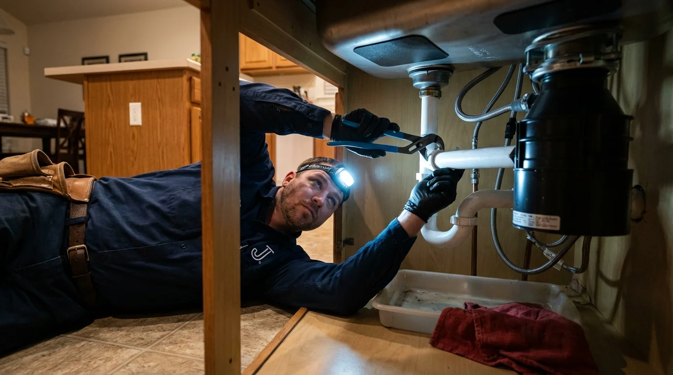 P-trap and supply line connections under a kitchen sink showing a common leak point in Clinton, MD